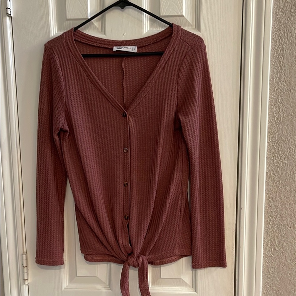 Cupshe Maroon Long Sleeve Button-Up Top with Tie-Front